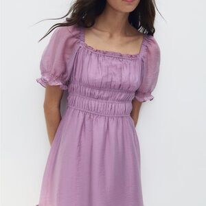 NWT H&M Dress Smocked Purple Puff Sleeve Dress Size Medium